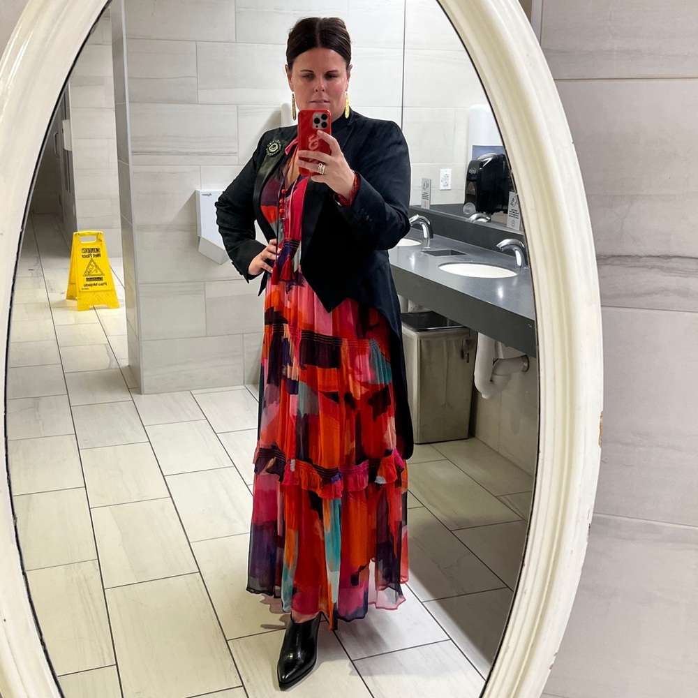 Anthropologie Marais Sheer Long Sleeve Maxi Dress in pink and red + multicolors - Picture 9 of 9